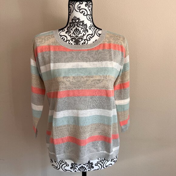 Ann Taylor LOFT Petite - Shimmer Stripe 3/4 Sleeve Sweater - Birch Branch - XXSP - Picture 2 of 7